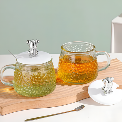 AM7133 Glass Tea Coffee Mug with White Teddy Bear Handle Heat-Resistant Tea Cup