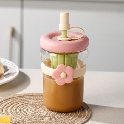 AM7108 Flower Glass Sipper Bottle - 500ml, Built-in Juicer & Straw