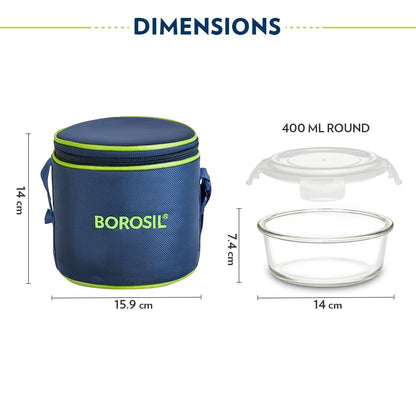 AM3698 Borosil Round Mealbox 400ml Glass Lunch Box set 2 Blue,Grey