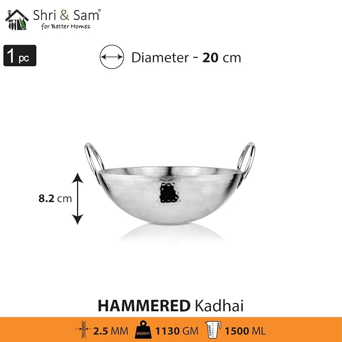 AM6813 Stainless Steel Heavy Weight Hammered Kadhai, 2.5 mm,20 cm, 1.1 Kg, 1.5 Litre