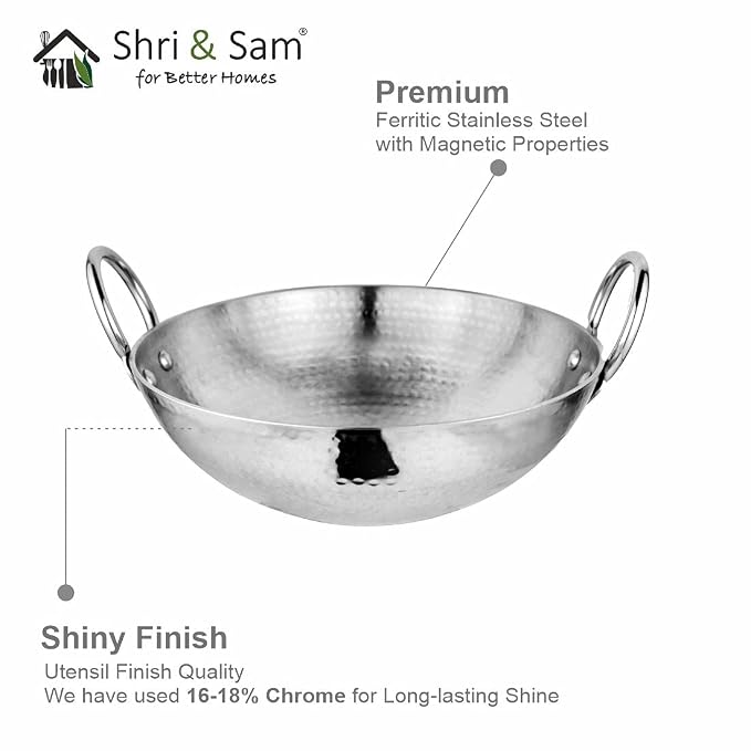 AM6813 Stainless Steel Heavy Weight Hammered Kadhai, 2.5 mm,20 cm, 1.1 Kg, 1.5 Litre