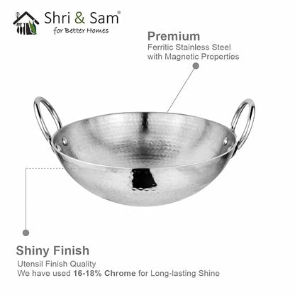 AM6813 Stainless Steel Heavy Weight Hammered Kadhai, 2.5 mm,20 cm, 1.1 Kg, 1.5 Litre