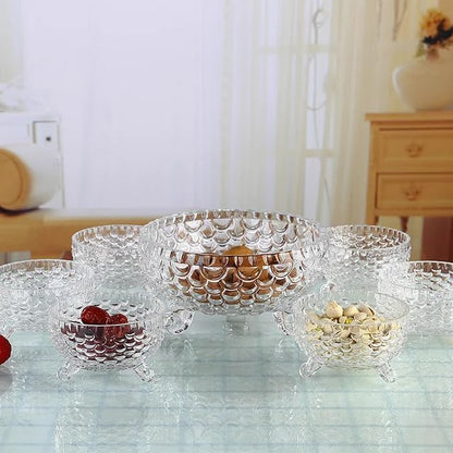 AM2658 Crystal Glass Bowl Set of 7 pcs with 1 Large Bowl & 6 Small Bowls for Serving Snacks,Pudding,Dessert,Fruits and Kitchen Purpose - Transparent Edition