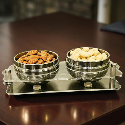 AM6003 Madhuram Stainless Steel Dry Fruit Set – 2 Pcs with Transparent Acrylic Stand