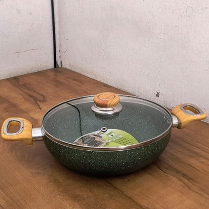 AM3930 Delizio Green Granite Coating Kadai with Glass Lid 24Cm