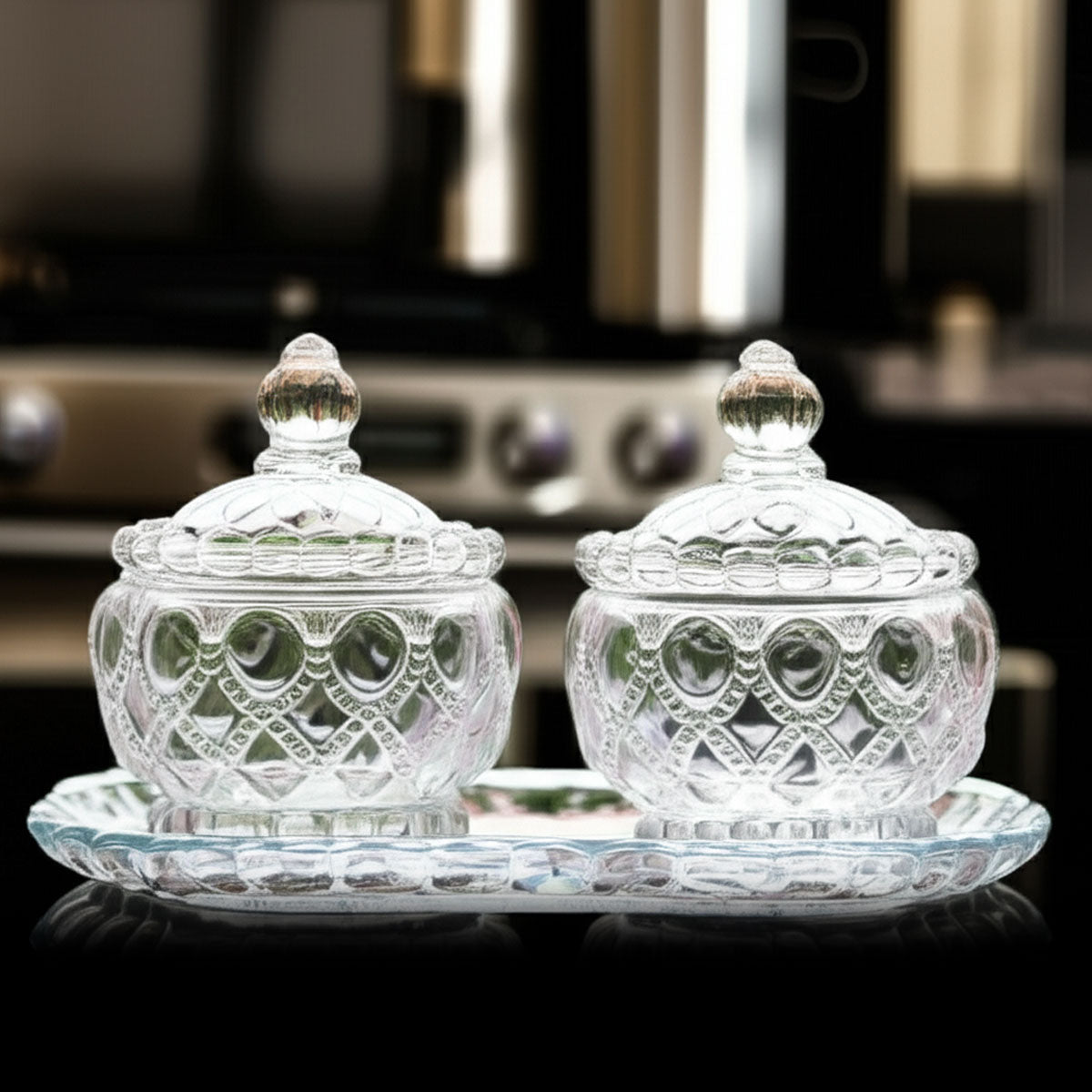 AM5971 Vintage Style Crystal Glass Candy Sugar jar Serving Bowl with Tray, Clear - Set of 3 Pcs
