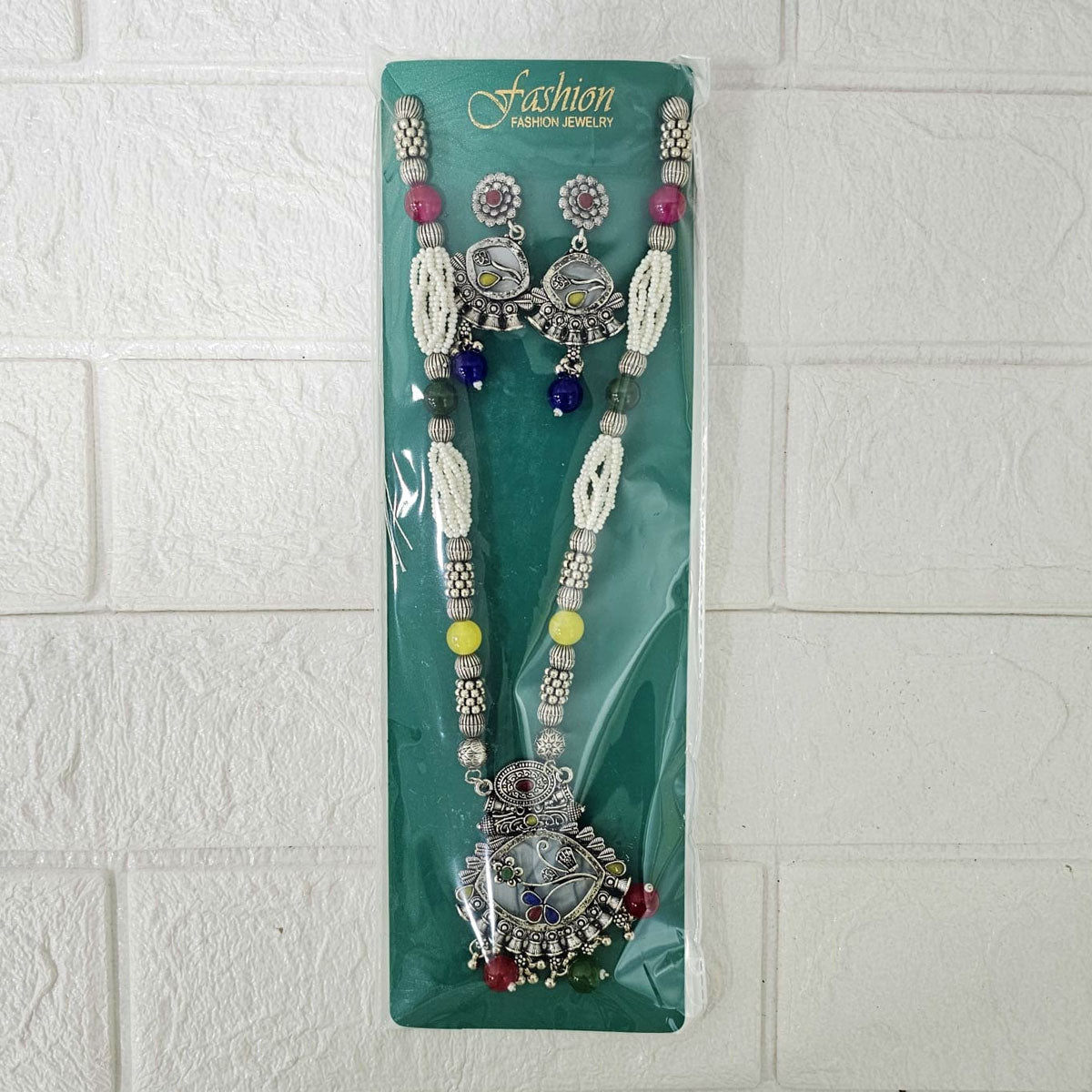 Di0047 Navratri Intricate Oxidized Silver Floral & Jali Necklace with Beaded Earings