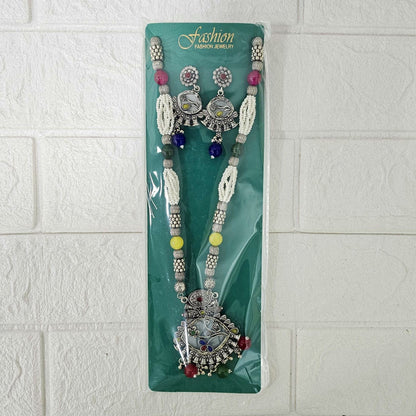 Di0047 Navratri Intricate Oxidized Silver Floral & Jali Necklace with Beaded Earings
