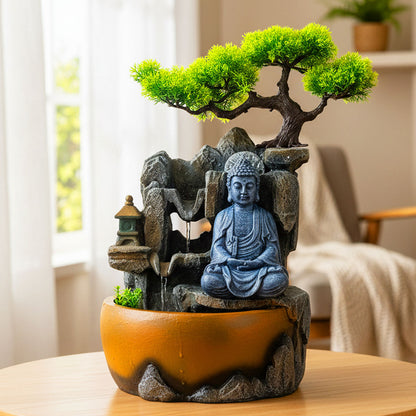 AM6256 Meditating Buddha Tabletop Water Fountain with Bonsai Tree