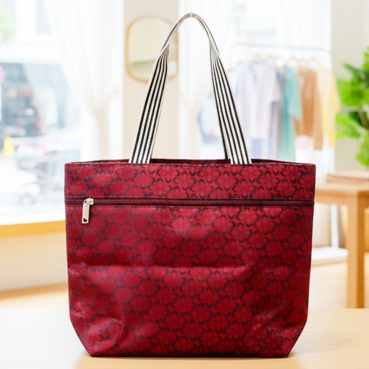 AM6263 Medium Monogram Patterned Zippered Tote Bag with Striped Handles