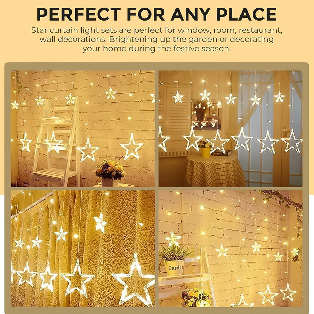 Di0061 12 Stars LED Curtain String Lights with Flashing Modes - 6x6 (Warm)