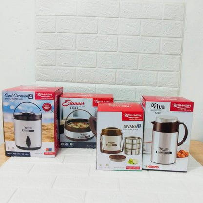 Di0192 Rishabh Small Multipurpose Thermo-Steel 4-Piece Set - Insulated Water Jug, Hot Pot, Lunch Box, and Coffee Pot