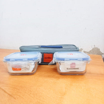 AM5456 Cello Majesty Square Glass Lunch Box 320ml x 2 N with Horizontal Jacket (Pack of 2Pc)