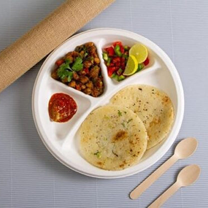 AM5737 Freshee Compostable 4 Compartment Bagasse Round Plate (11 Inch, Pack of 10pc)