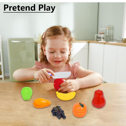 AM0230 Plastic Fruit Cut Toys for Kids, Sliceable Fruit Set with Strong Fasteners Fruits, Plate, Chopping Board & Knife, Fruits Toys Set for Kids – 9 Pcs, Multicolor