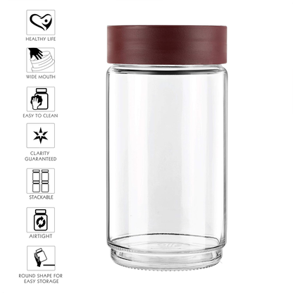 AM0663 CELLO Modustack Glassy Storage Jar | Glass Jar with Lid | Air Tight Steel Lid and Stackable | For Storage of Food, Pulses, Spice, Cereals, Cookies, Dry Food | 2000ml, Maroon