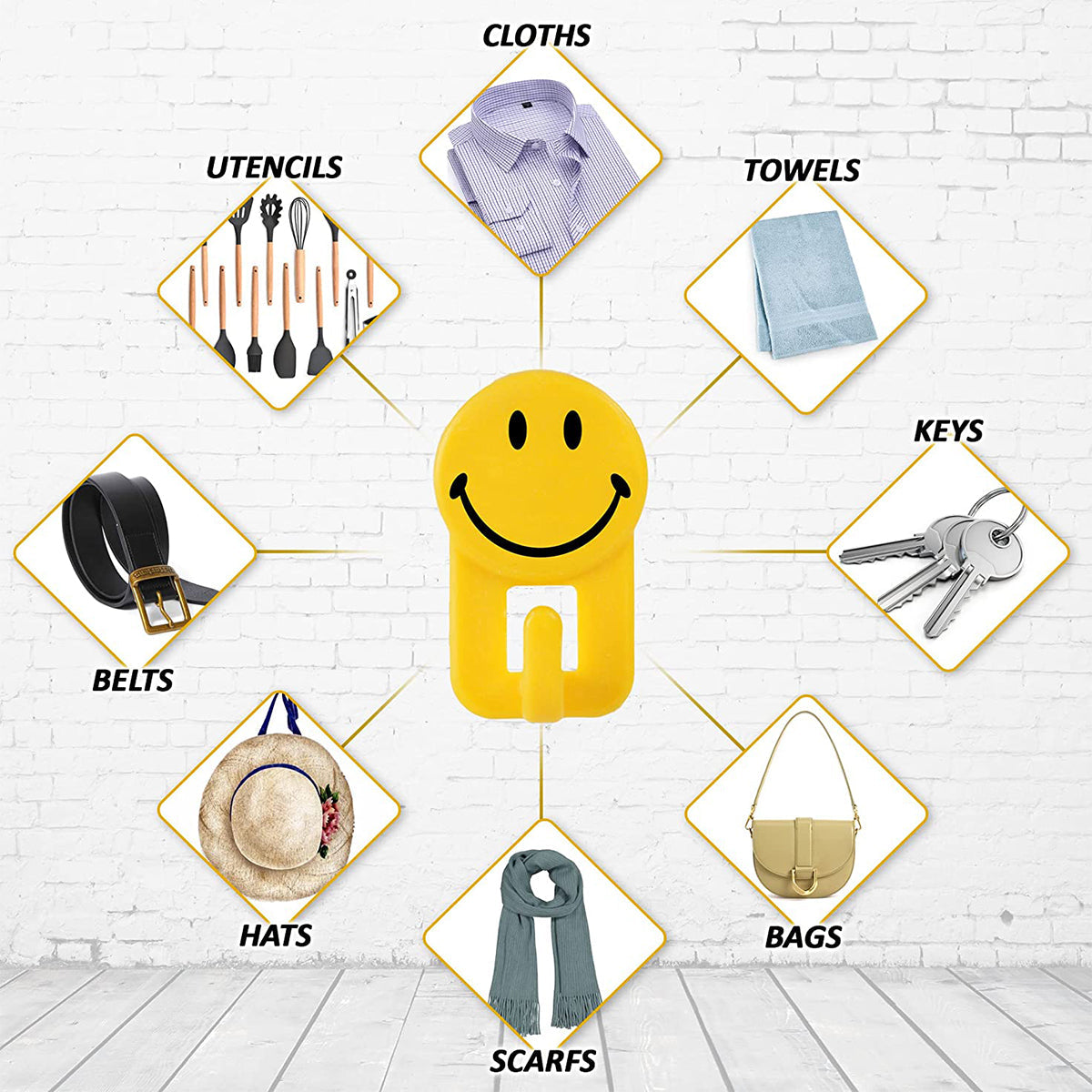 0604 Plastic Self-Adhesive Smiley Face Hooks, 1 Kg Load Capacity (6pcs)