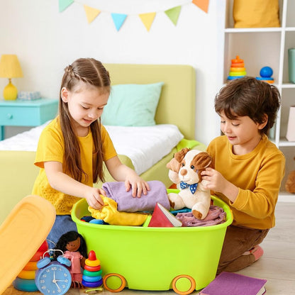 A06743 Kids Plastic Toy Storage Box with Lid & Rolling Wheels (Multicolor)