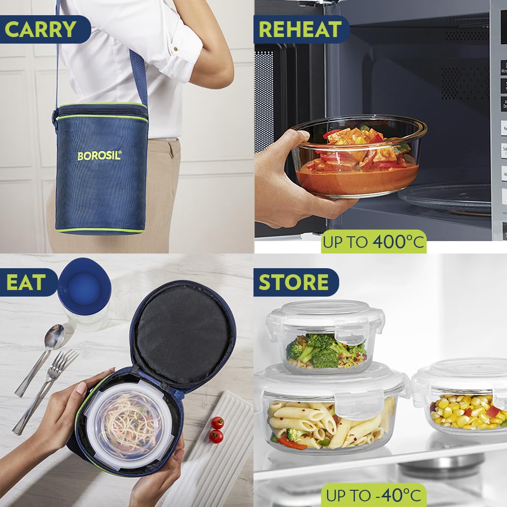 AM3695 Borosil Round 400ml Microwavable Lunch Box Set Of 3