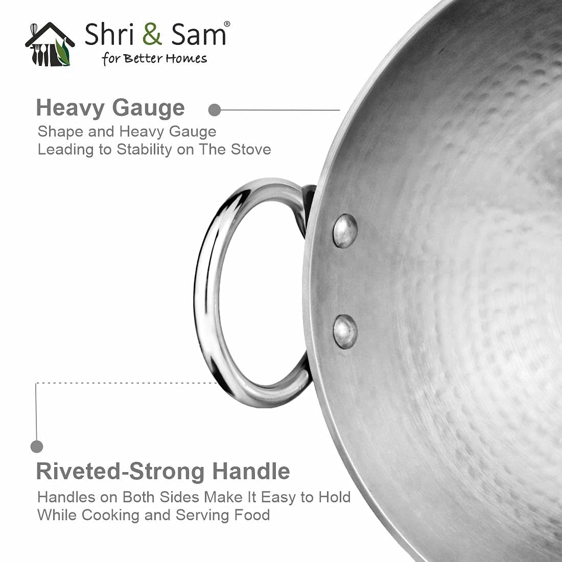 AM6813 Stainless Steel Heavy Weight Hammered Kadhai, 2.5 mm,20 cm, 1.1 Kg, 1.5 Litre