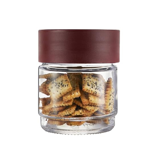 AM0654 CELLO Modustack Glassy Storage Jar | Glass Jar with Lid | Air Tight Steel Lid and Stackable | For Storage of Food, Pulses, Spice, Cereals, Cookies, Dry Food | 500ml, Maroon