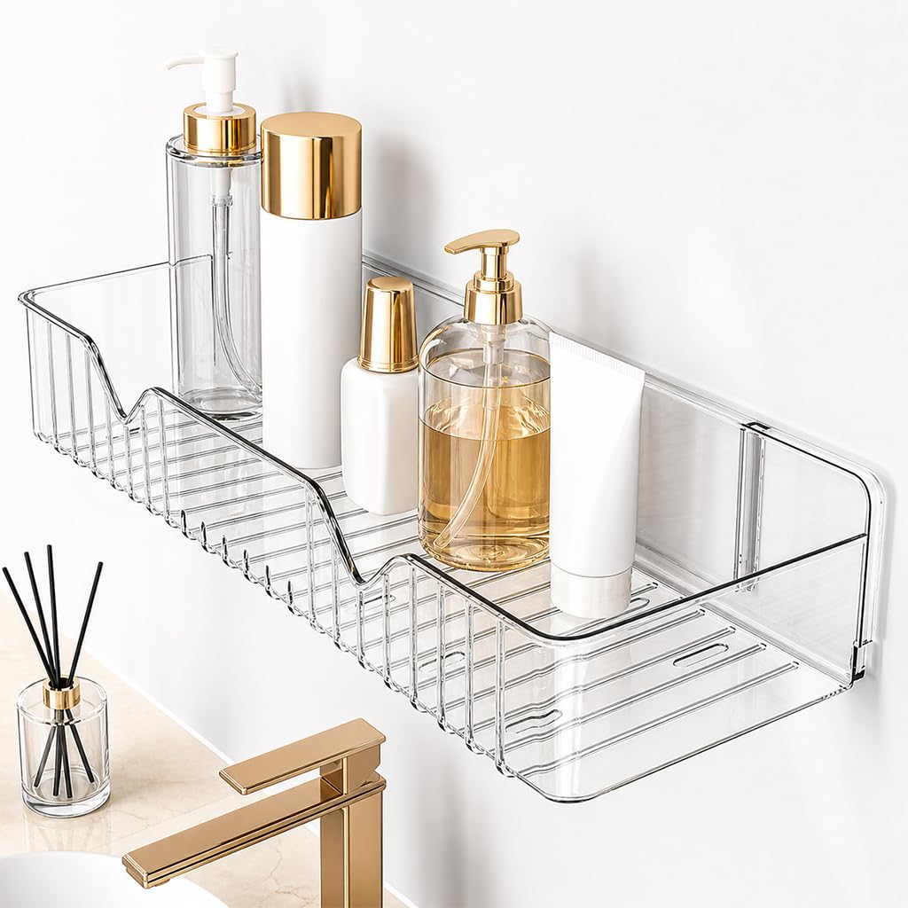 A06495 Acrylic Transparent Bathroom Shelf – Wall Mounted Adhesive Storage Organizer caddy