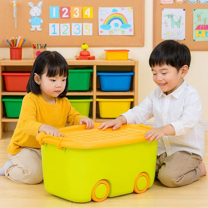 A06743 Kids Plastic Toy Storage Box with Lid & Rolling Wheels (Multicolor)