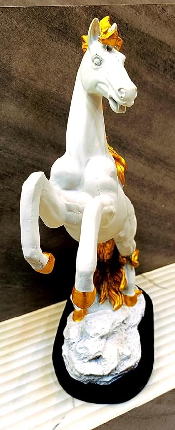 AM7041 White Horse Statue with Golden Mane and Tail