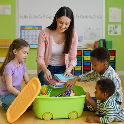A06743 Kids Plastic Toy Storage Box with Lid & Rolling Wheels (Multicolor)