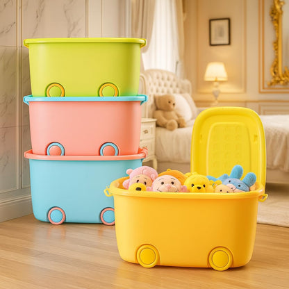 A06743 Kids Plastic Toy Storage Box with Lid & Rolling Wheels (Multicolor)