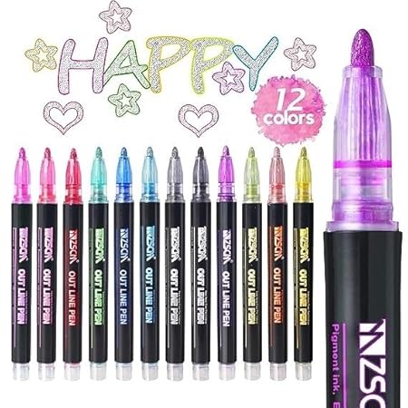 AM2445 Outline Marker Pen Metallic Dual Colour HMC-9031 Double Line Paint Permanent Marker Pens Waterproof 12Pcs Multicolour