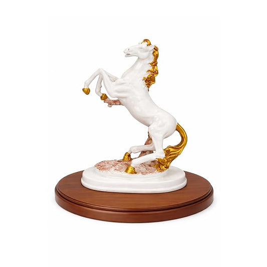 AM7041 White Horse Statue with Golden Mane and Tail