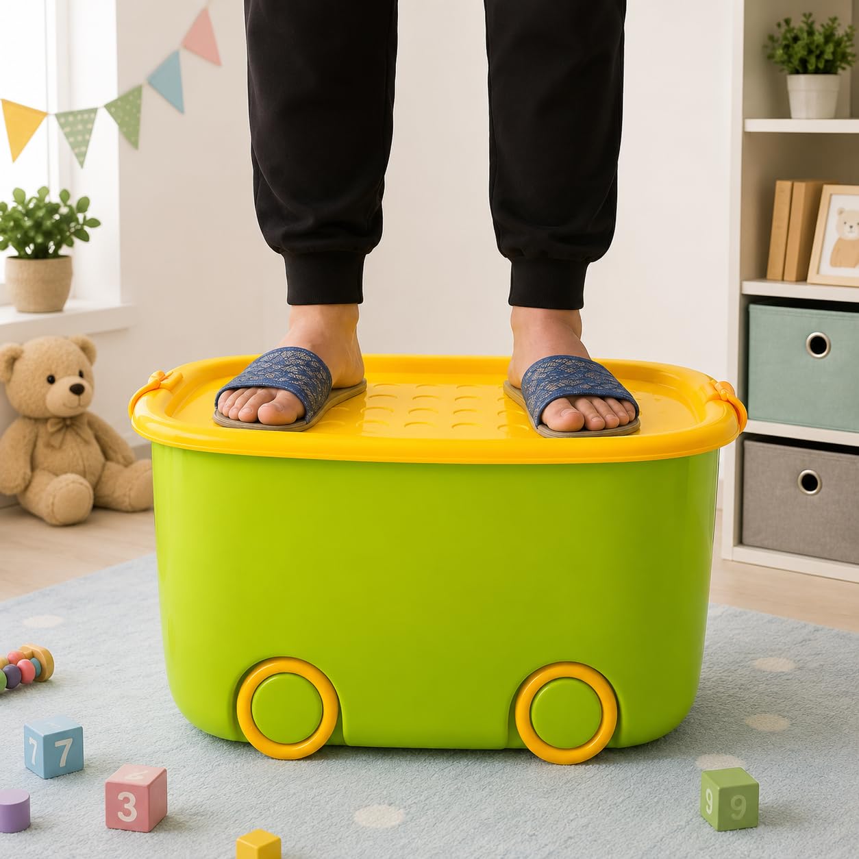 A06743 Kids Plastic Toy Storage Box with Lid & Rolling Wheels (Multicolor)