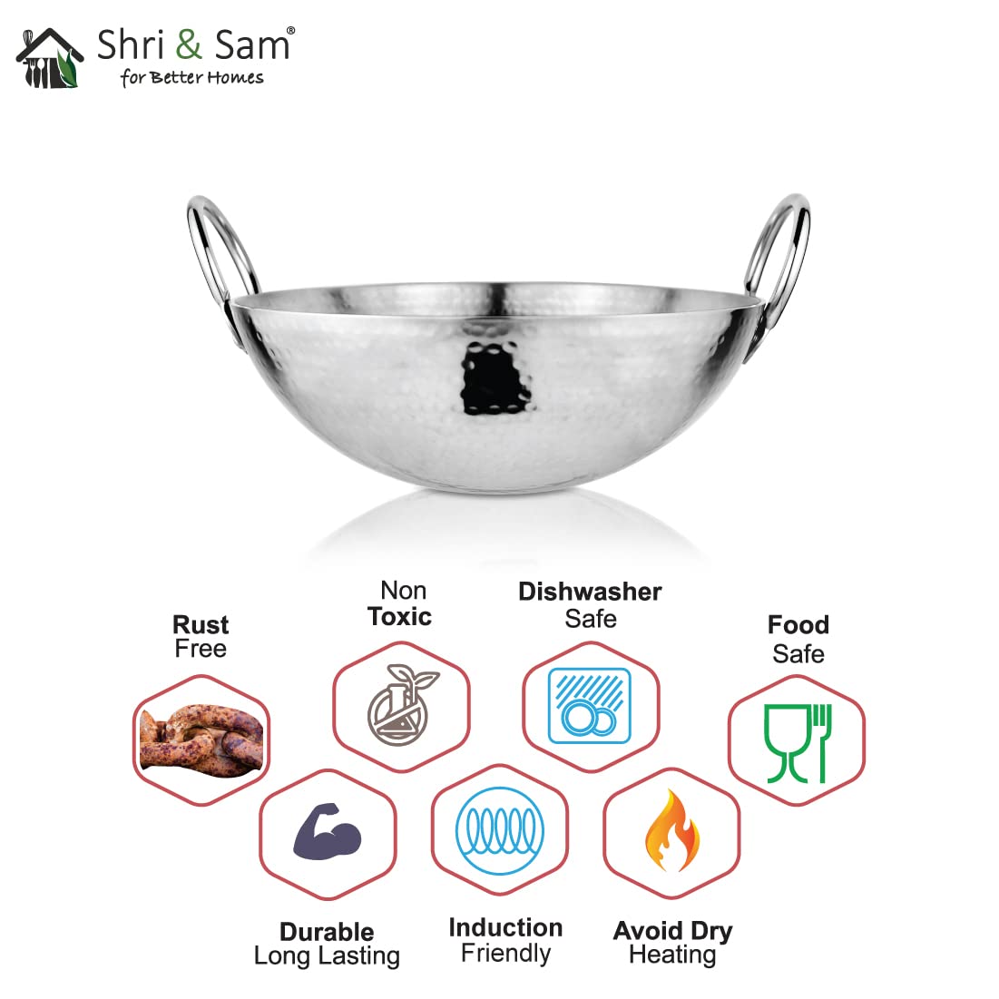 AM6813 Stainless Steel Heavy Weight Hammered Kadhai, 2.5 mm,20 cm, 1.1 Kg, 1.5 Litre