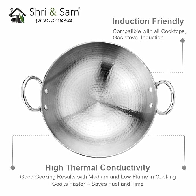 AM6813 Stainless Steel Heavy Weight Hammered Kadhai, 2.5 mm,20 cm, 1.1 Kg, 1.5 Litre