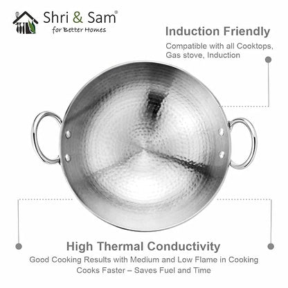 AM6813 Stainless Steel Heavy Weight Hammered Kadhai, 2.5 mm,20 cm, 1.1 Kg, 1.5 Litre