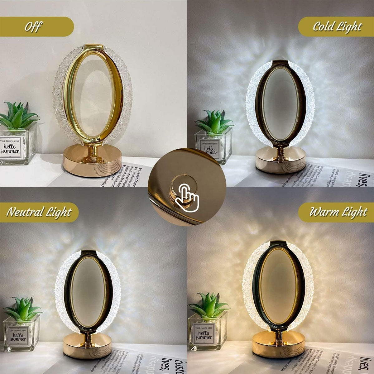 AM5943 Crystal Oval Shape LED Table Lamp with USB Cable - Sensor 3 Color Modes