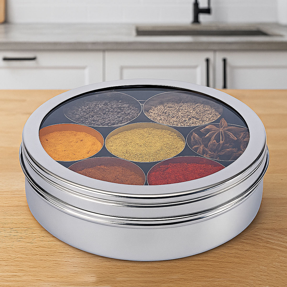 AM6005 Stainless Steel Spice Box with Glass Lid & Spoon – 7 Spice Containers
