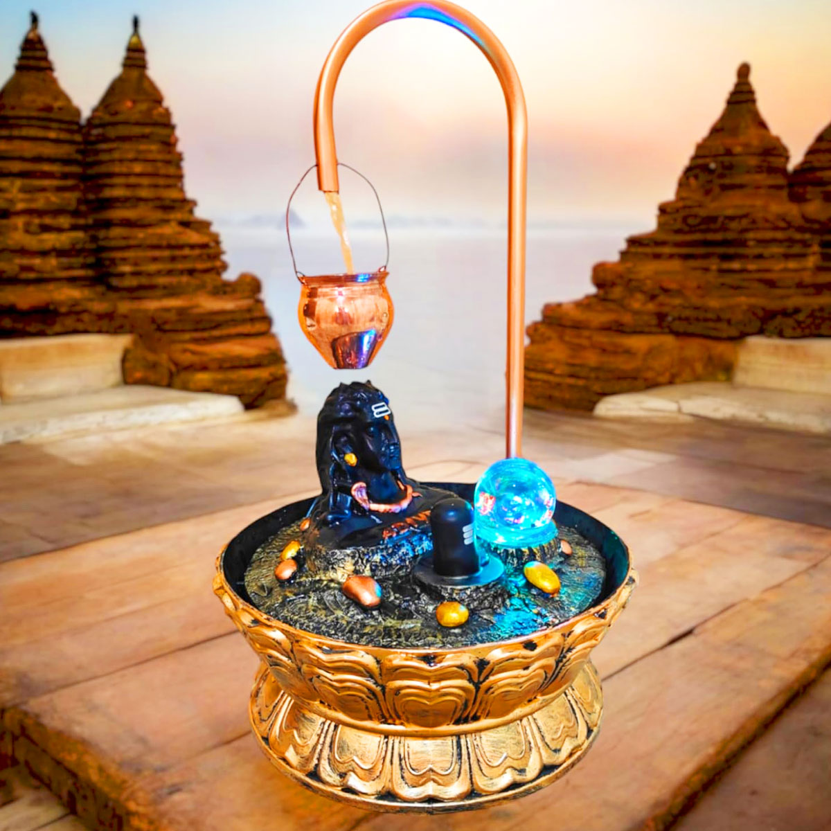AM6054 Luxury Copper Adiyogi Shivling Water Fountain With Crystal Ball for Home Decor
