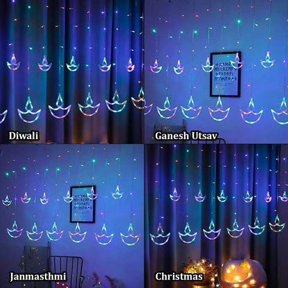 Di0064 12 Diyas Window Curtain LED Lights - 6x6 (Multicolour)