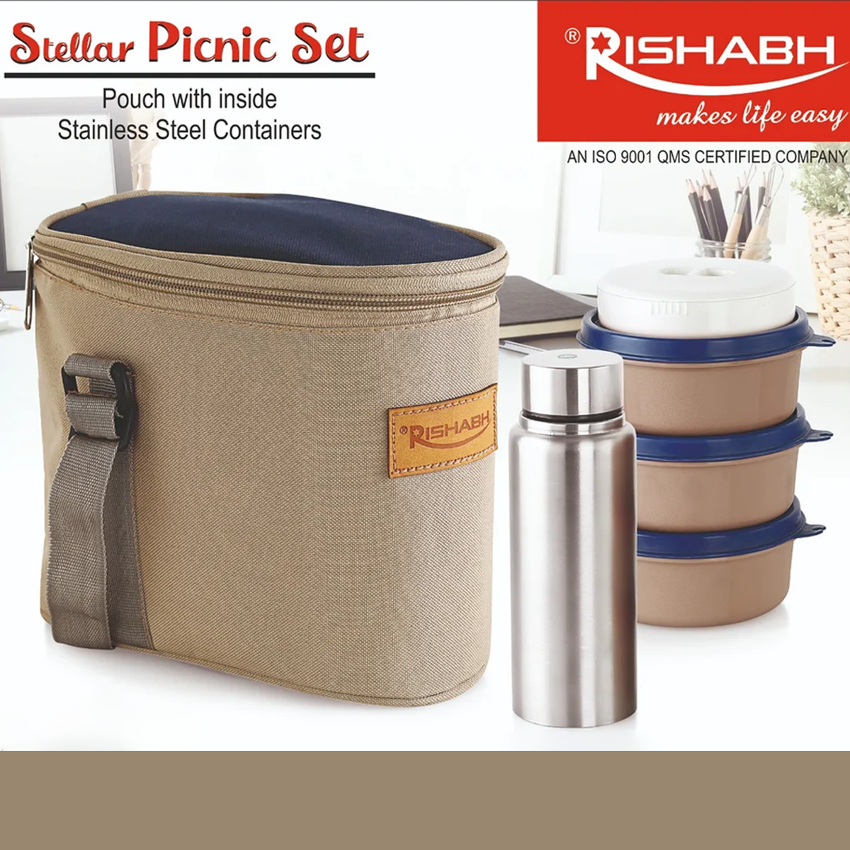 AM5654 Rishabh Stellar Picnic Set Tiffin Box - Set of 3 container, 1 bottle and Jacket
