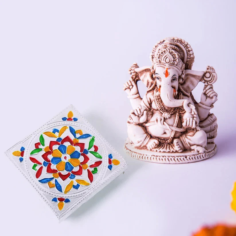 2563 1 Pc Meenakari Wooden Chowki & Bajot Set: For Home & Office Puja (Multicolor)