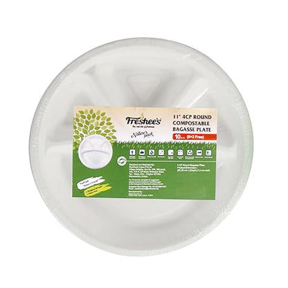 AM5737 Freshee Compostable 4 Compartment Bagasse Round Plate (11 Inch, Pack of 10pc)