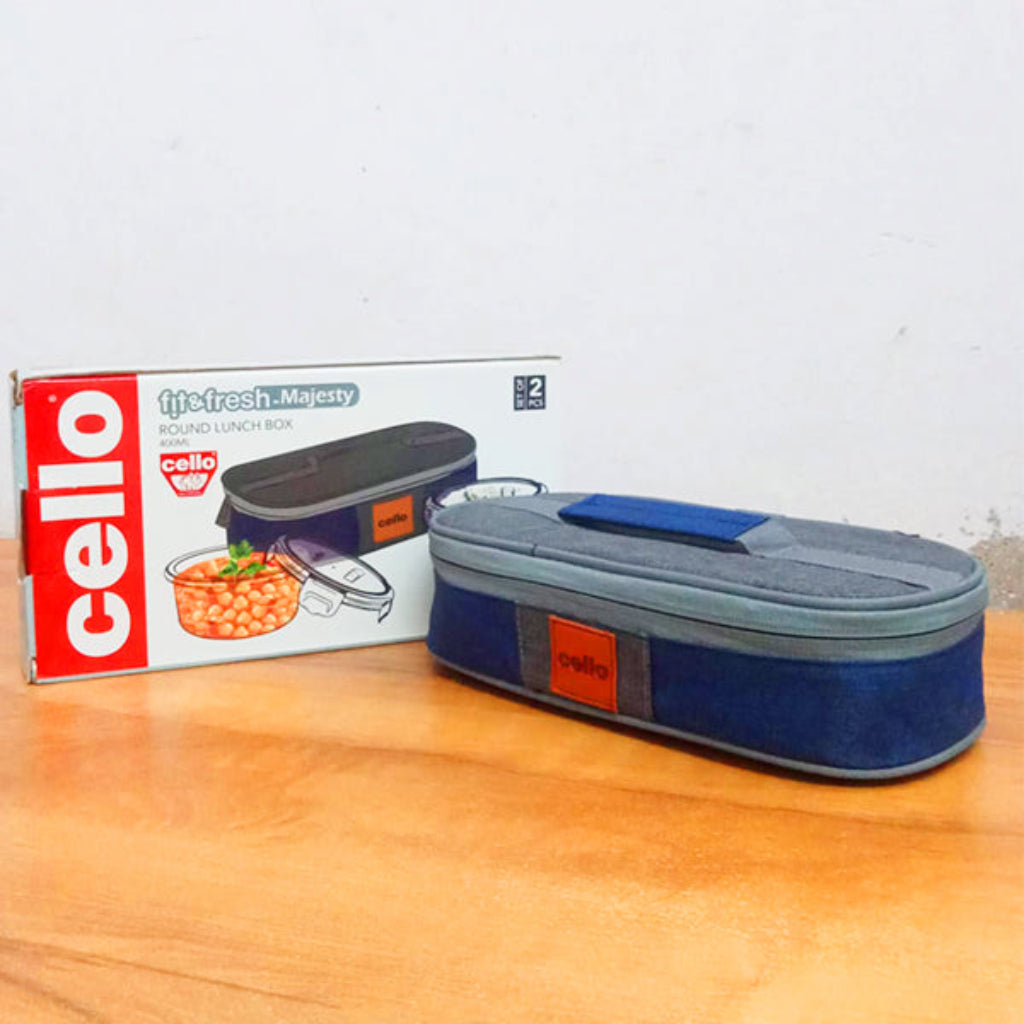 AM5458 Cello Majesty Round Glass Lunch Box 400ml x 2 N with Horizontal Jacket (Pack of 2Pc)