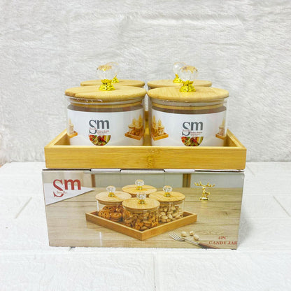 AM3723 Glass Container Jar Bowl With Wooden Deer Lids And Tray 4+1Pcs