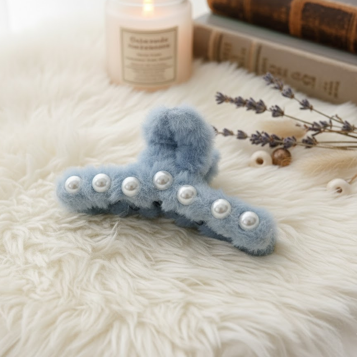 AM6377 Fuzzy Mix Colour hair claw clip with pearl accents - 1pc