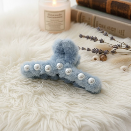 AM6377 Fuzzy Mix Colour hair claw clip with pearl accents - 1pc
