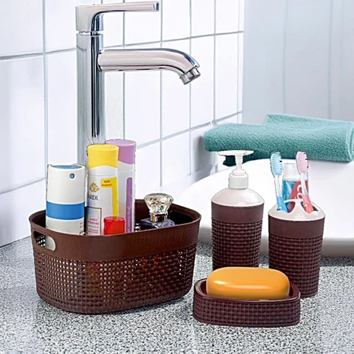 AM5748 JOYO Filo Bath Set - Oval Basket, Liquid Dispenser, Toothbrush Holder, Soap Dish, Brown, 4 pcs
