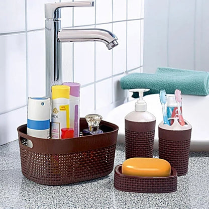 AM5748 JOYO Filo Bath Set - Oval Basket, Liquid Dispenser, Toothbrush Holder, Soap Dish, Brown, 4 pcs