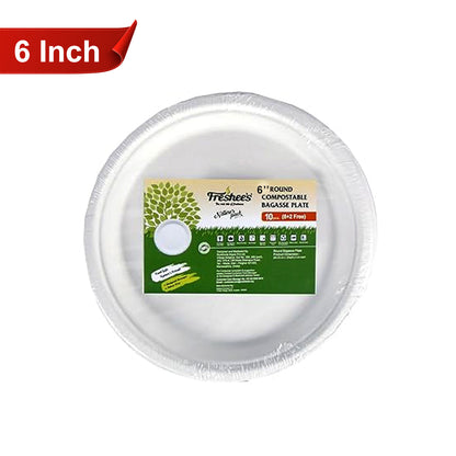 AM5733 Freshee Compostable Bagasse Round Plates (6inch, Pack of 10pc) Food Plate for Party, Wedding, Snack, Dinner